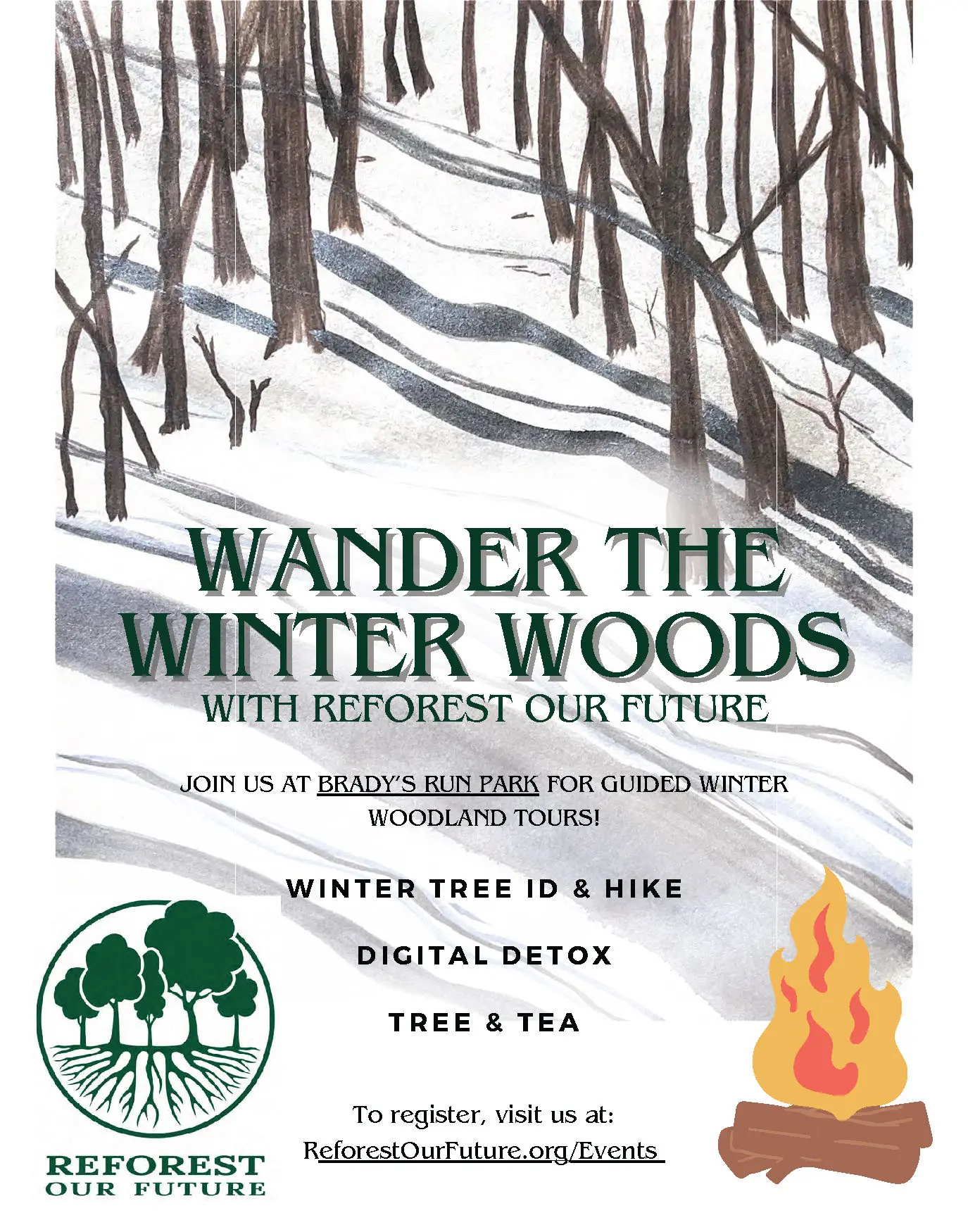 Wander the Winter Woods, Brady's Run Park, graphic